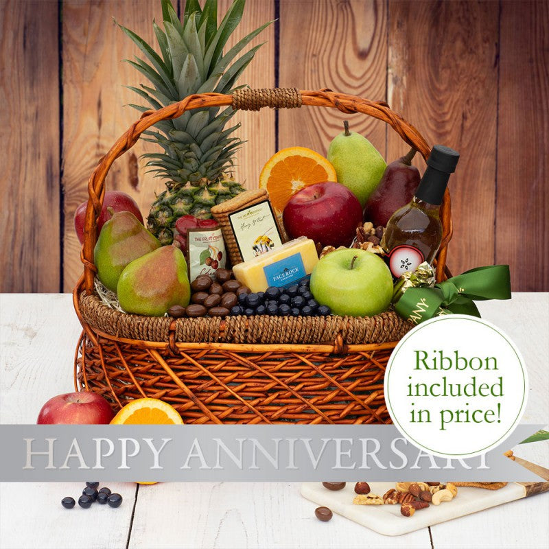 wood woven basket with 10 pc fruit 8 sweet & savory treats and happy anniversary ribbon