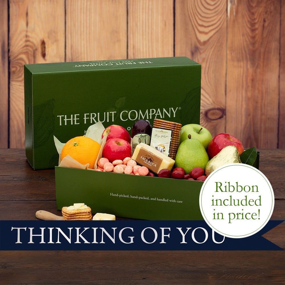 Gift Box filled with 7 pcs fruit cheese 4 gourmet treats and thinking of you ribbon