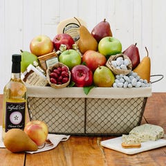 Large cloth & wire basket filled with 14 apples & pears 3 artisan fresh cheeses cider & 4 other treats