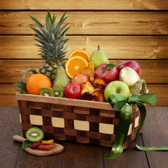 wood woven basket pineapple oranges kiwi apples pears dried fruit