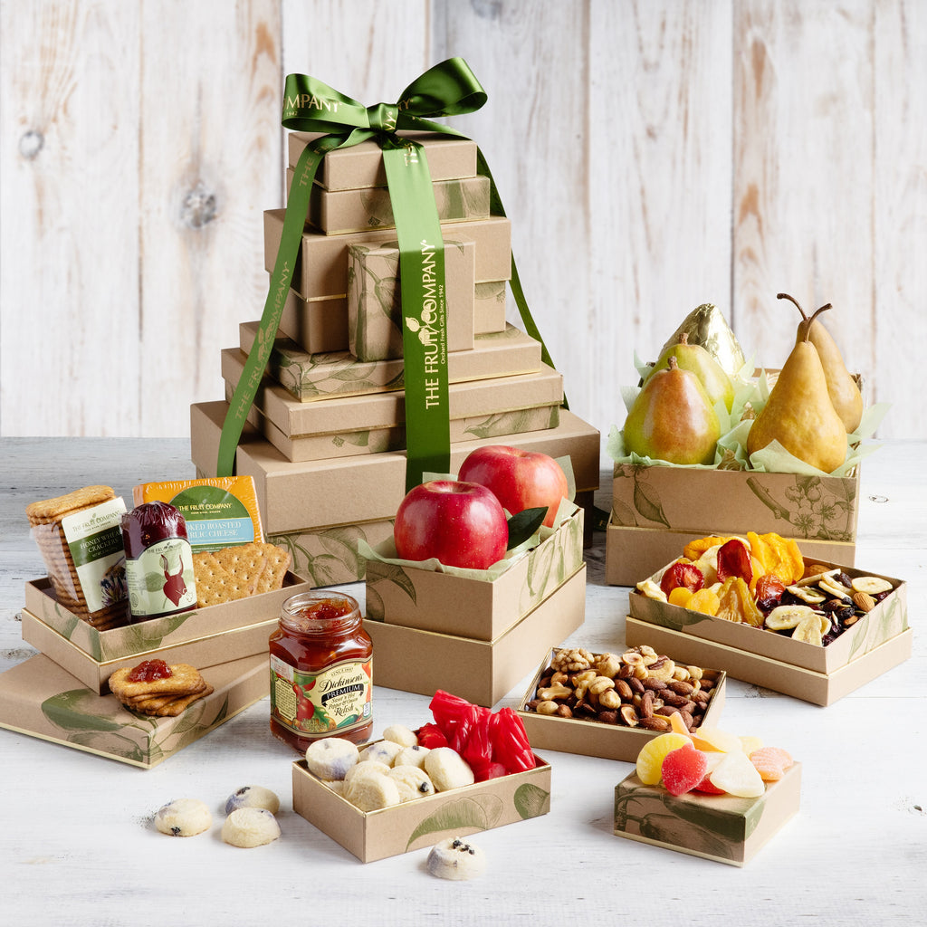 8 taupe boxes with leaf pattern filled with 7 pieces fresh apples and pears, meat, cheese, crackers and 7 sweet & savory treats