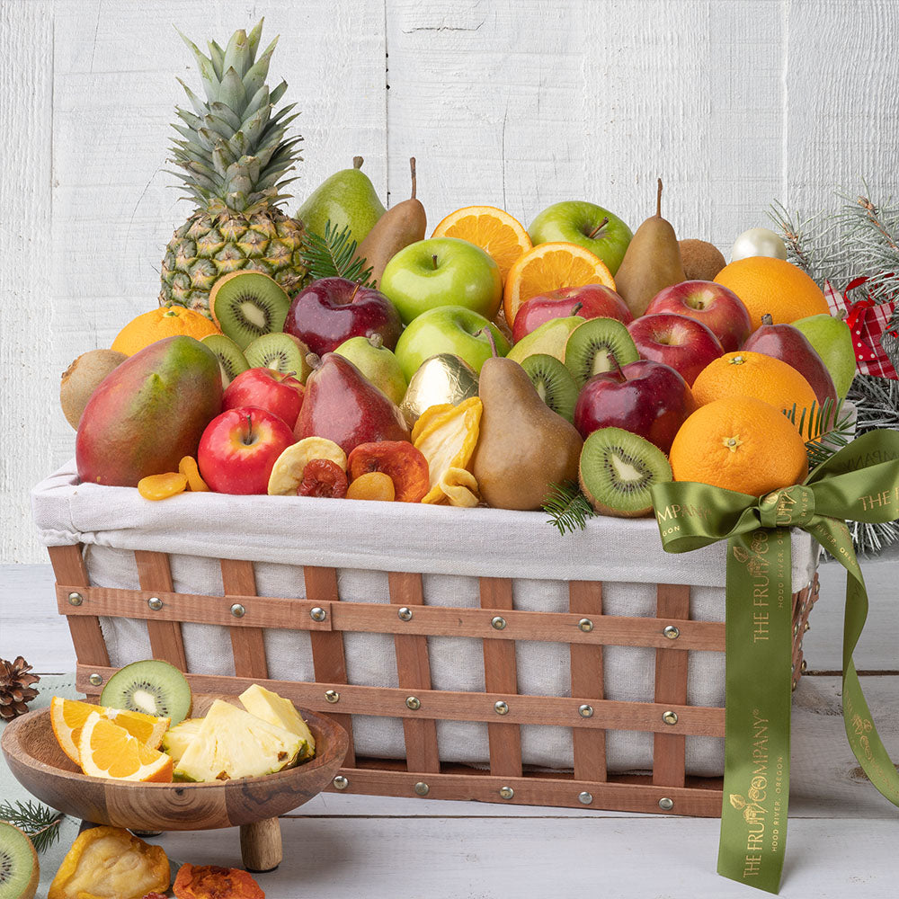 Extra large tropical fruit basket  Top down view of the Festival of Fruit Winter Basket and all of its content Festival of Fruit Gift Basket beautifully arranged with all of its content