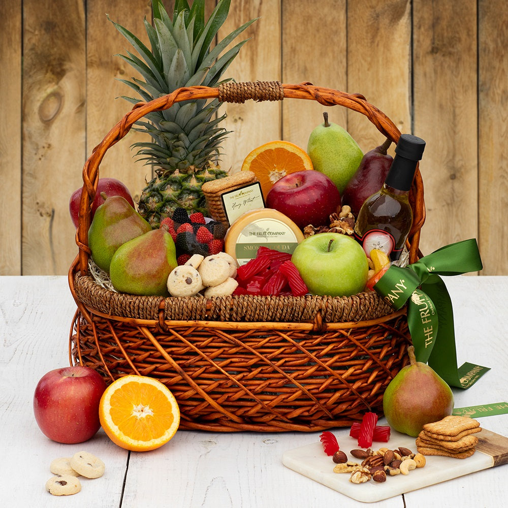 Wood woven basket with handle filled with 10 pc fruit 8 sweet & savory gourmet goodies