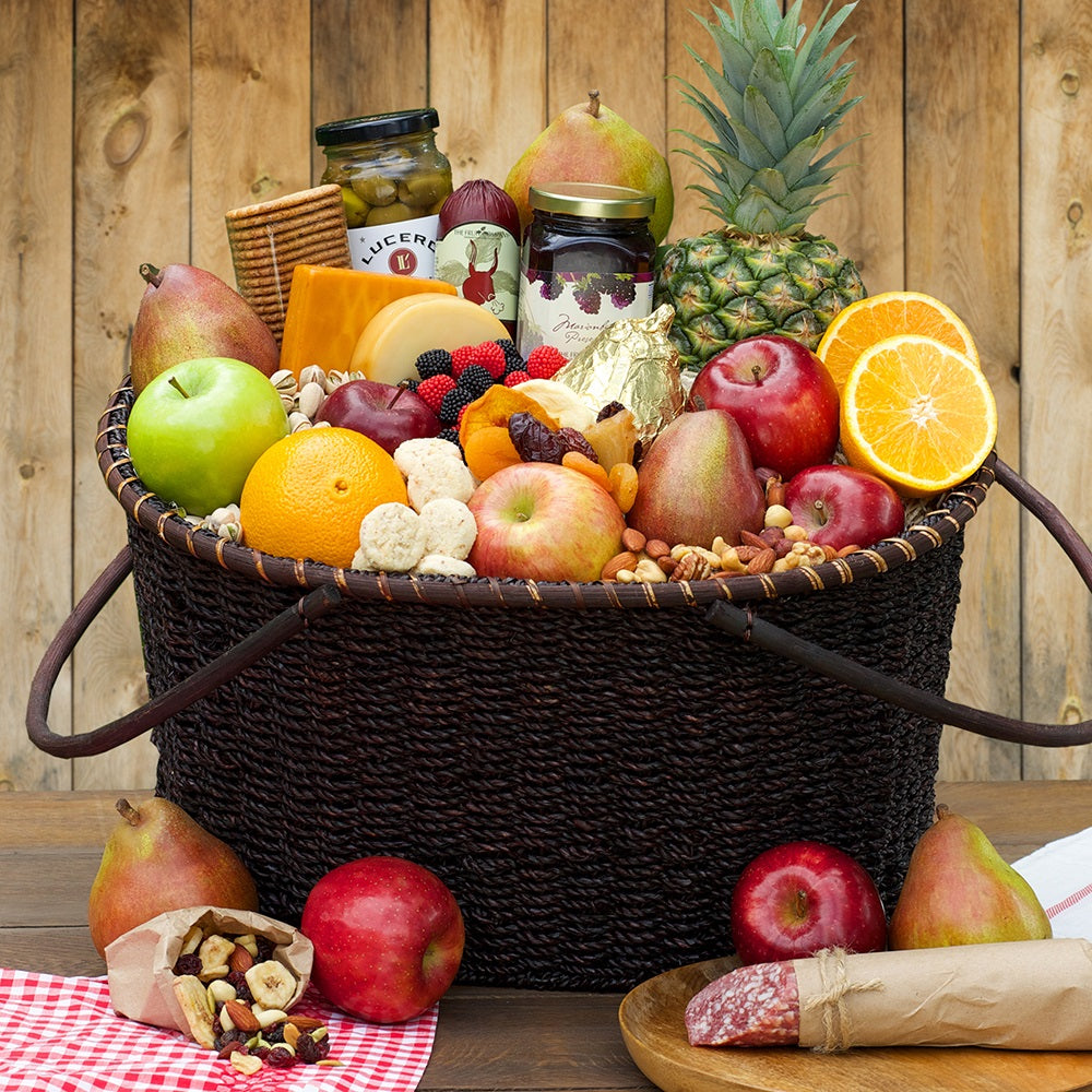 XL dark woven basket w/ handles filled with 16 pc fruit cheeses 11 more sweet & savory treats