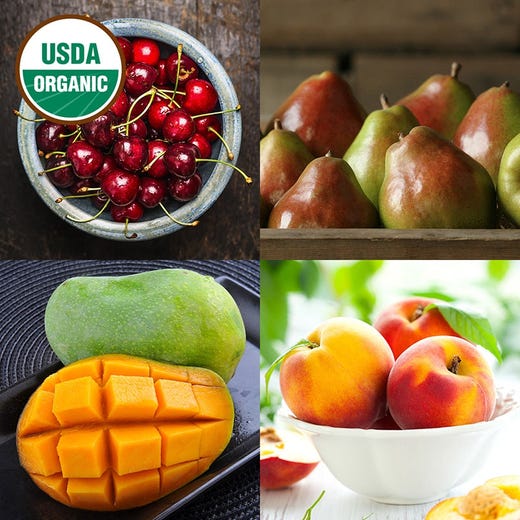 Organic fruits - mangos, peaches, Rainier Cherries, and Comice Pears