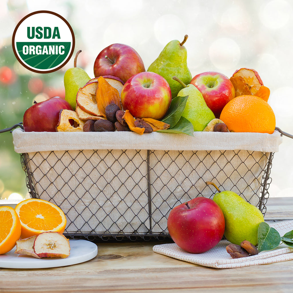 Fruit basket with USDA organic logo